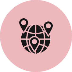 A black icon of a globe with three location pins within a pink circular background.
