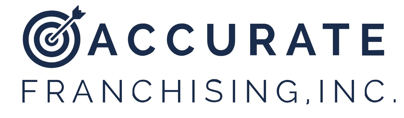 Logo of Accurate Franchising, Inc. featuring a dart hitting the center of a target on the left side of the text.